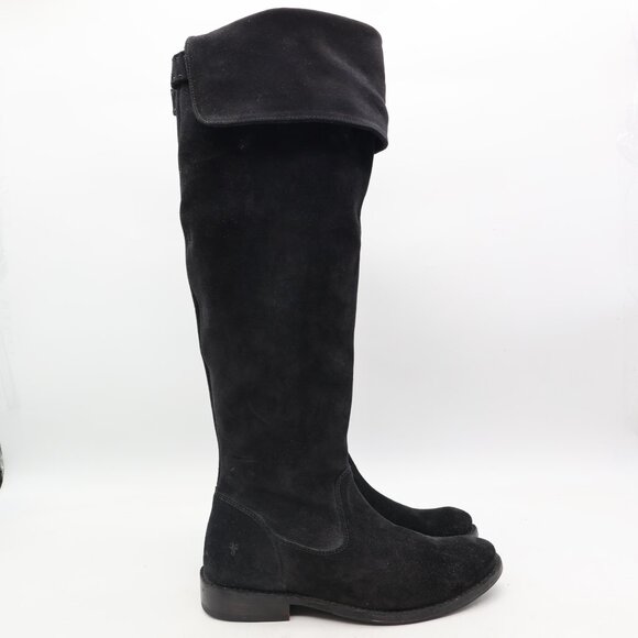 Frye Boots Shirley Riding Over The Knee Women's 6 B Black Half Zip Almond Toe - Picture 1 of 8